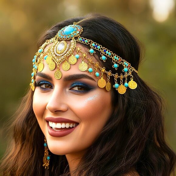 Gold Head Chain Egyptian Jewelry Women Blue Gem Noble Mysterious Accessory main image 4